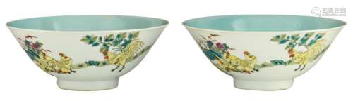 Two Chinese famille rose bowls, decorated with nine