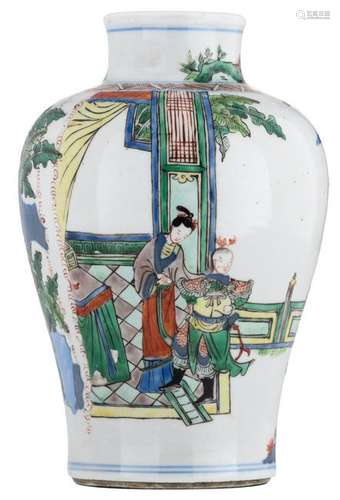 A Chinese wucai meiping vase, decorated with figures on