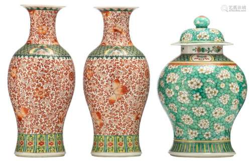 A pair of Chinese famille verte iron-red vases, allover