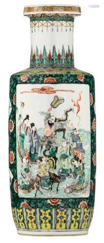 A Chinese famille verte rouleau vase, decorated with