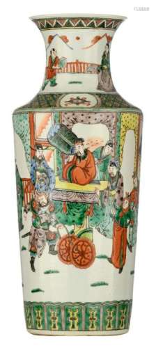 A Chinese famille verte rouleau vase, decorated with a