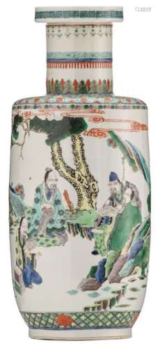 A Chinese famille verte rouleau vase, decorated with