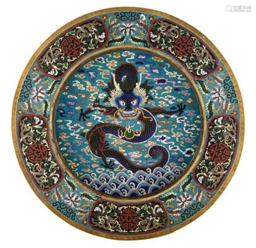 A large Chinese cloisonne charger, the well with a