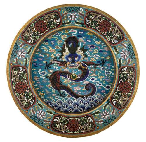 A large Chinese cloisonne charger, the well with a