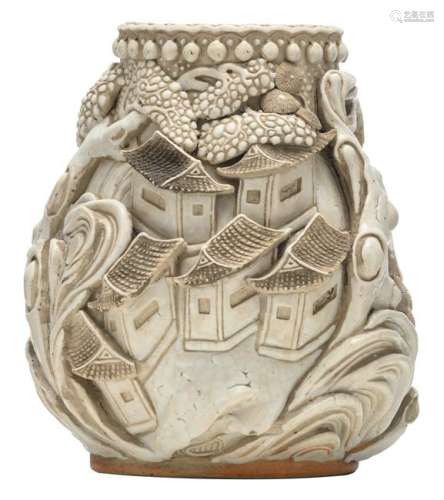 A Chinese stoneware vase, decorated with willow trees