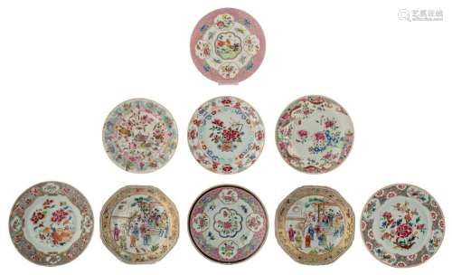 Nine famille rose export dishes, decorated with