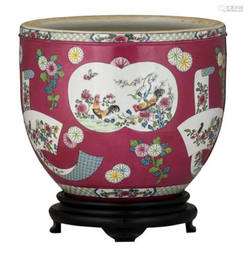 A Chinese ruby ground jardiniere, the roundels