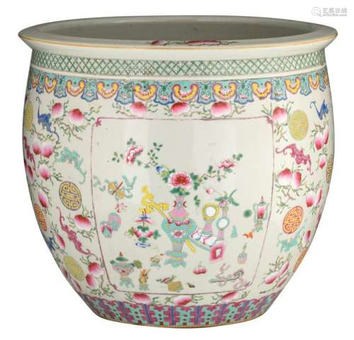 A large Chinese famille rose fish bowl, decorated with