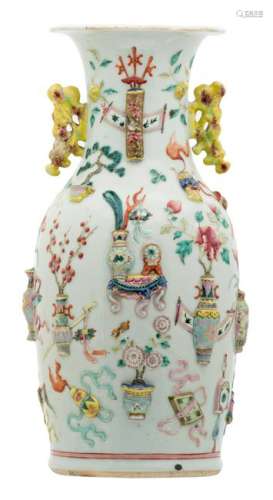 A Chinese famille rose vase, relief decorated with one
