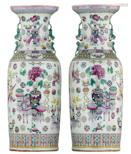 A pair of Chinese famille rose vases, allover decorated