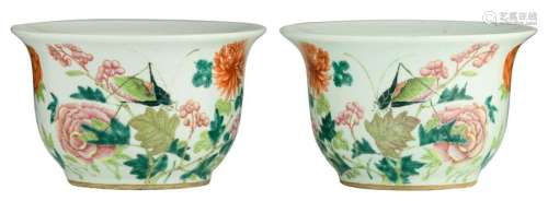 A pair of Chinese famille rose jardinieres, decorated