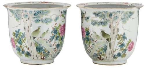 A pair of Chinese famille rose jardinieres decorated