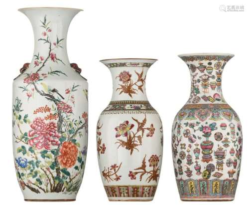 Three Chinese famille rose vases, decorated with
