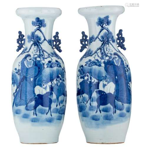 A pair of Chinese blue and white vases, decorated with