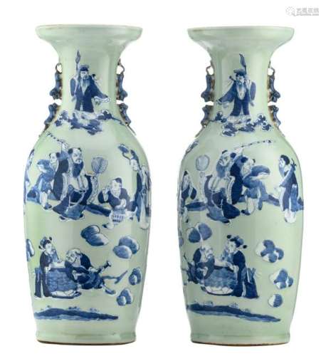 A pair of Chinese celadon ground blue and white vases,