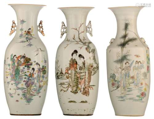 Three Chinese famille rose vases, the front decorated