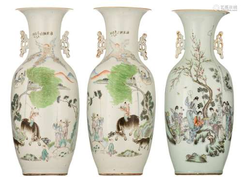 A pair of Chinese polychrome vases, decorated with