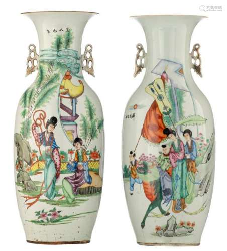 Two polychrome vases, one decorated with beauties in a