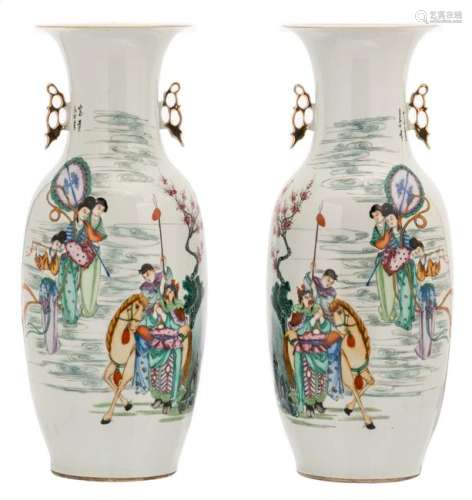 A pair of Chinese polychrome decorated vases with an