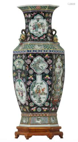 A Chinese famille noire ground hexagonal vase,Â famille