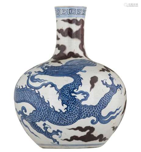 A Chinese cobalt blue and copper red bottle vase,