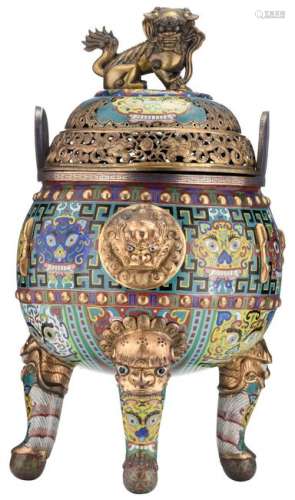 A Chinese tripod bronze cloisonne incense burner, the