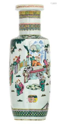 A Chinese famille rose rouleau vase, allover decorated