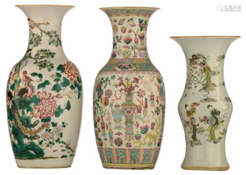 Three Chinese famille rose vases, one decorated with