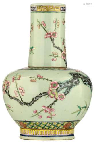 A Chinese celadon ground famille rose bottle vase,