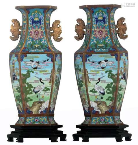 A pair of hexagonal brass cloisonne vases, decorated