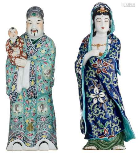 Two Chinese polychrome porcelain figures, the turquoise