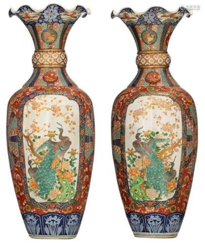 A pair of imposing Japanese brocade Imari ground vases,