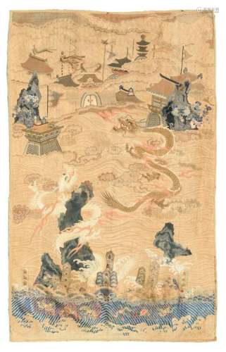 A Chinese embroidery, richly decorated with dragons