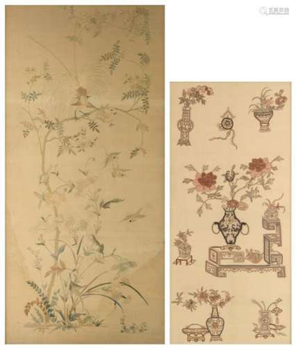 Two framed silk embroideries, one depicting 'the one