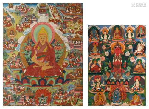 Two Tibetan thangkas, gouache on textile, 19th/20thC,