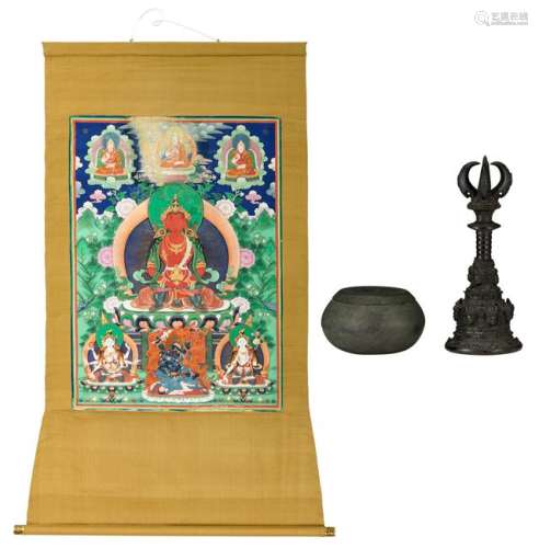 A Tibetan thangka, gouache on textile, 20thC, 83 x 137