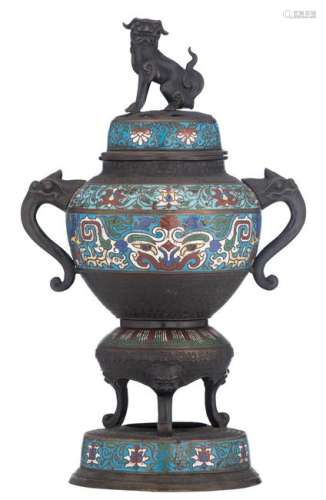 A Chinese champleve enameled bronze incense burner, the