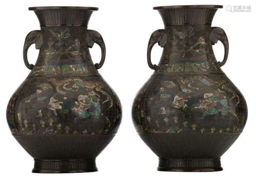 Two Chinese bronze archaic champleve vases, the handles