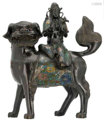 A Chinese champleve enamel bronze figure, depicting a