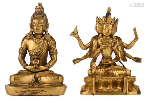 A Sino-Tibetan gilt bronze Buddha and a ditto three
