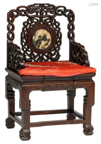 A Chinese exotic hardwood chair with a marble dream