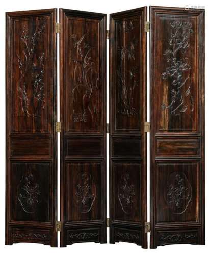 A Chinese four panel hardwood screen, the panels
