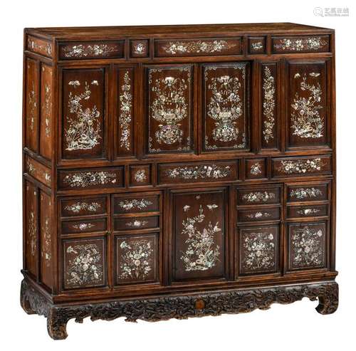 A low Chinese mother-of-pearl inlaid cabinet, 19thC, H