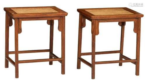 A pair of Chinese Huanghuali side tables, with a woven