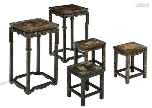 A lot of three Chinese carved and lacquered stools,