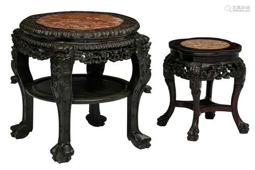 Two Chinese richly carved wooden stools with a marble