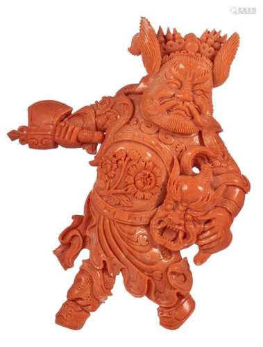 A fine red coral sculpture depicting Zhang Fei, H 17,5