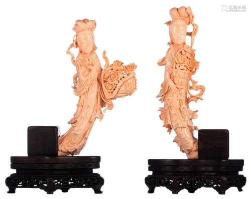 A pair of Chinese pink coral sculptures depicting
