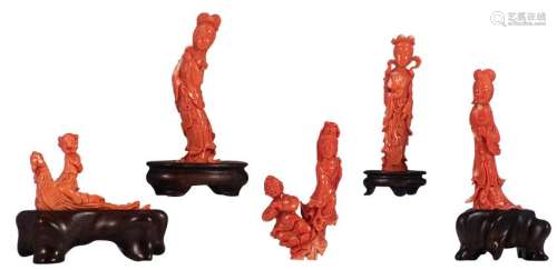 A lot of five Chinese coral sculptures, two made out of