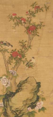 A Chinese painting on silk representing birds on a